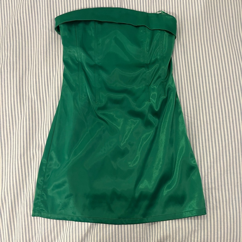 Green satin mini strapless dress